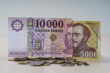 Various Hungarian Forint banknotes on coins.
