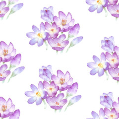 Obraz na płótnie Canvas Cute watercolor print of purple crocuses. Hand drawn illustration. Seamless pattern, print for fabric, wrapping paper. Spring watercolor flowers. 