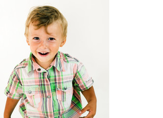 little cute boy on white background gesture smiling close up, lifestyle people concept