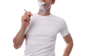 Man smoking cigarette portrait isolated on white background