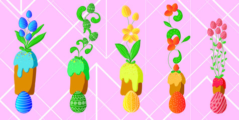 Easter cakes and painted eggs, pink background