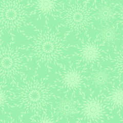 Vector seamless pattern with solar mandalas on muted green backdrop. Beautiful tiling for home textile. 