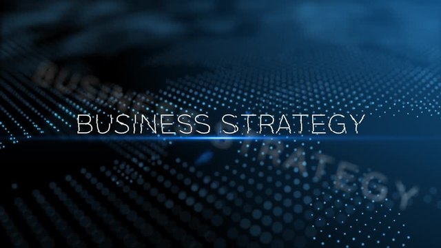 Business Strategy modern intro text 3D animation with lens flare and depth of field focus blur