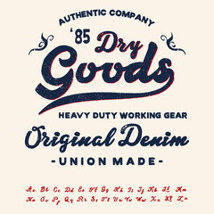 Original vintage Denim print for t-shirt or apparel. Old school vector graphic for fashion and printing.  Retro alphabet in western style , Serif type letters.Handmade Vintage Font for labels