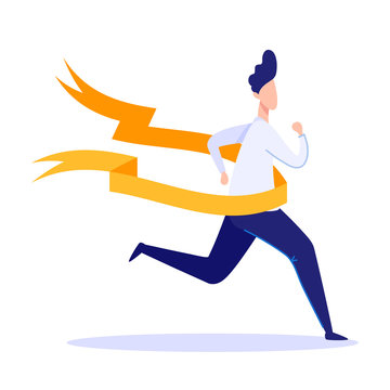 Businessman Crossing Finish Line Flat Cartoon Vector Illustration. Character Winning Competition. Man in Suit Running into Golden Ribbon. Business Success and Victory Concept. Employee or Manager.