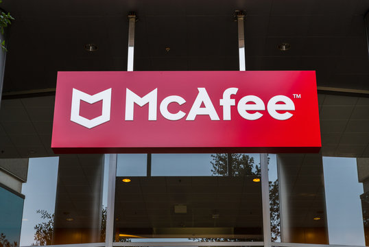Santa Clara, California, USA - April 26, 2018: Signage with logo at the Silicon Valley headquarters of virus removal and cybersecurity company McAfee, Santa Clara, California.