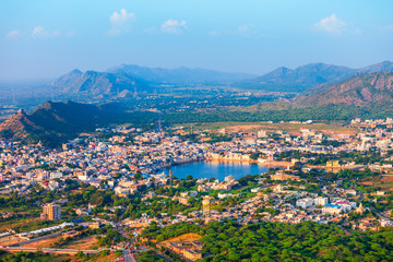 Fototapeta premium Pushkar town aerial panoramic view, India