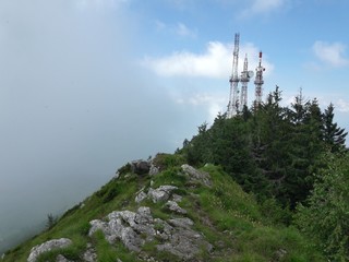 Radio transmitters on the mountain top and clouds