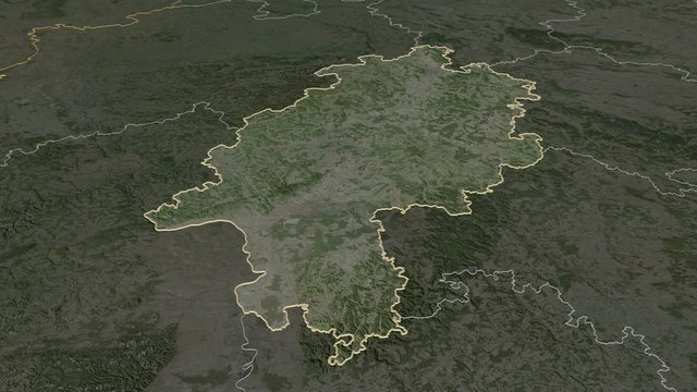 Hessen, state with its capital, zoomed and extruded on the satellite map of Germany in the conformal Stereographic projection. Animation 3D