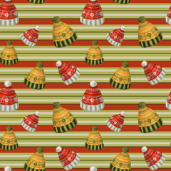 Seamless pattern winter ski hat on striped background in traditional christmas colors