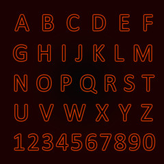 Glowing neon alphabet with letters from A to Z and numbers from 1 to 0. Trend color - lush lava