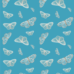 Seamless pattern on light blue background with white and beige butterflies