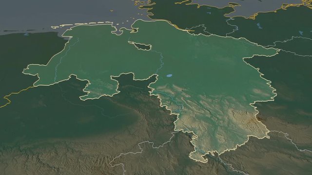 Niedersachsen, state with its capital, zoomed and extruded on the relief map of Germany in the conformal Stereographic projection. Animation 3D