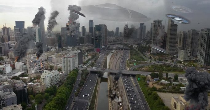 Alien Invasion over Large Destroyed City with Jets Chasing Powerful Video Compositing simulates Real footage with visual effects elements of Alien ufo spaceships over  Destroeyd Tel aviv city with wit
