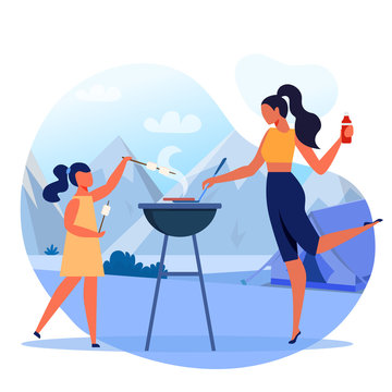 Mom with Child on Picnic Flat Vector Illustration. Happy Mother and Little Daughter Cartoon Characters. Young Woman Cooking Meat on Grill. Girl Roasting Marshmallows. Family Camping Trip, Barbecue