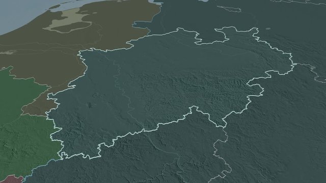 Nordrhein-Westfalen, state with its capital, zoomed and extruded on the administrative map of Germany in the conformal Stereographic projection. Animation 3D