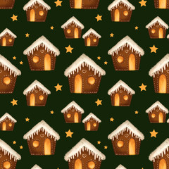 Seamless Pattern brown gingerbread houses with yellow stars on dark green background