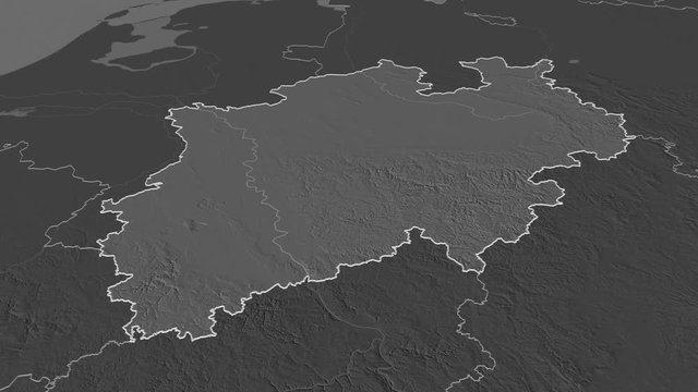 Nordrhein-Westfalen, state with its capital, zoomed and extruded on the bilevel map of Germany in the conformal Stereographic projection. Animation 3D
