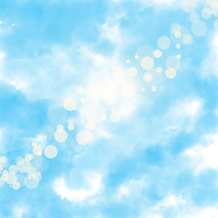 Background watercolor digital paint sky blue with white clouds and bokeh effect high quality