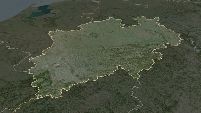 Nordrhein-Westfalen, state with its capital, zoomed and extruded on the satellite map of Germany in the conformal Stereographic projection. Animation 3D