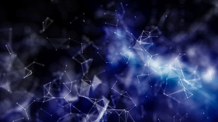 Abstract black and white background with blue glow from the connecting particles. 3d render illustration