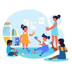 Kids Play with ABC Blocks Flat Vector Illustration. Little Friends, Kindergarten Pupils Cartoon Characters. Boy and Girls Holding Alphabet Cubes. Children in Day Care Center, Playschool