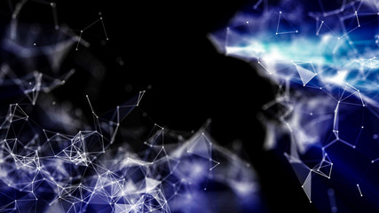 Abstract black and white background with blue glow from the connecting particles. 3d render illustration