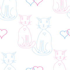 Seamless background with funny cartoon cats. Cute hand drawn animals