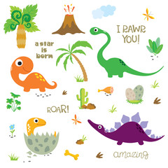 Set of Dinosaurs, Dinosaur footprint, Volcano, Palm tree, Bone and Cactus