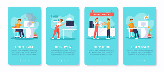 Computer repair service concept onboarding screens template for website or mobile app