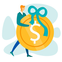 Cartoon Man Character Carrying Big Flat Gold Dollar Coin with Bowl as Prize. Male Office Worker, Businessman, Executive Manager Receive Cash Reward. Successful Business. Vector Illustration