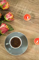 Fototapeta na wymiar Fresh italian style coffee next to flower bouquet
