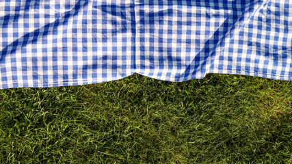 Green grass blue checked picnic cloth blanket top view background