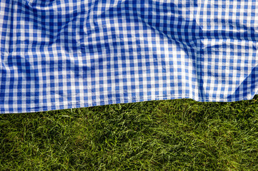 Green grass blue checked picnic cloth blanket top view background
