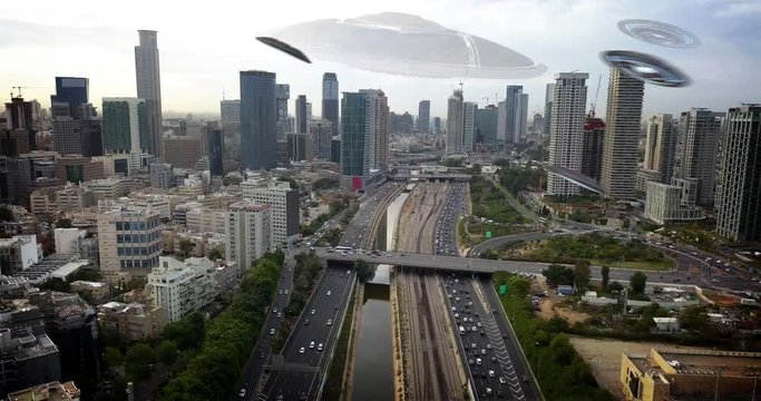 Alien Mother ships with small ufo's flying over major city Powerful Video Compositing simulates Real footage with visual effects elements of Alien ufo spaceships over Tel aviv city and small soucer uf