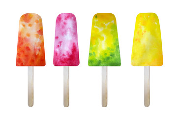 4 Watercolor fruit ice pops. Colorful watercolor illustration on white background. Summer dessert set