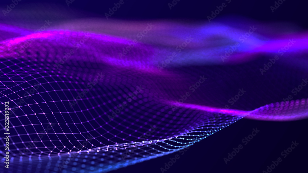 Poster Abstract futuristic wave background. Network connection dots and lines. Digital background. 3d rendering.