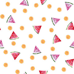 Seamless summer pattern with slice of red and pink watermelon and orange slice on white background. Surface for fabric, scrapbooking, packaging paper, wallpaper, wrap
