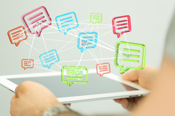 Digital icons with colorful dialog speech bubbles.