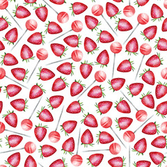 Watercolor seamless pattern with strawberrys and lollipops. Colorful watercolor illustration on white background. Digital paper for wallpaper, scrapbooking, textile , wrap