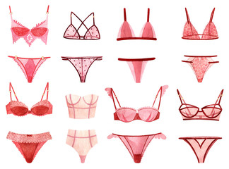 Set of women's underwear. Elegant sexy panties and bras. Pattern drawn on paper by watercolor. - obrazy, fototapety, plakaty