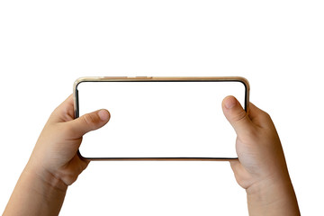 Children holding a smartphone with empty screen in hand. Isolated on white background..