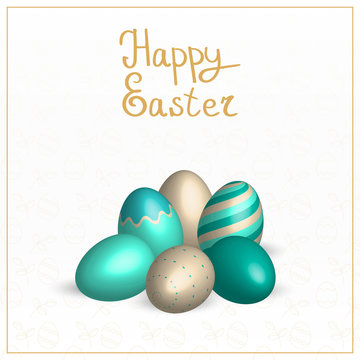 Happy Easter greeting card, with light gold, mint green, teal green and turquoise eggs