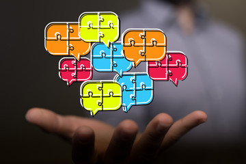 Digital icons with colorful dialog speech bubbles.