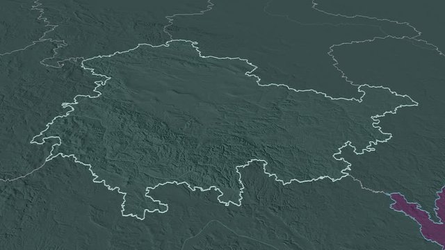 Th&uuml;ringen, state with its capital, zoomed and extruded on the administrative map of Germany in the conformal Stereographic projection. Animation 3D