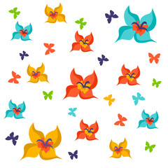 Set of spring vector drawings of butterflies, flowers on a white isolated background in flat style. Print, postcard, children's