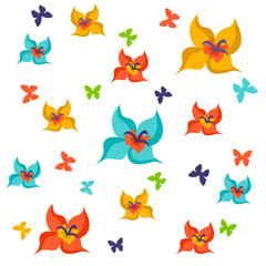 Set of spring vector drawings of butterflies, flowers on a white isolated background in flat style. Print, postcard, children's