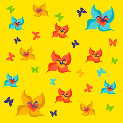 Fototapeta na wymiar Set of spring vector drawings of butterflies, flowers on a yellow isolated background in flat style. Print, postcard, children's