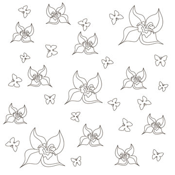Set of spring vector drawings of butterflies, flowers on a white isolated background in outline, contour style. Print, postcard, children's