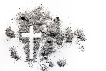 Ash wednesday cross, crucifix drawing made in ash, dust as christian religion, Jesus, god, faith, holy, holiday, Good Friday, Lent period, or Easter concept